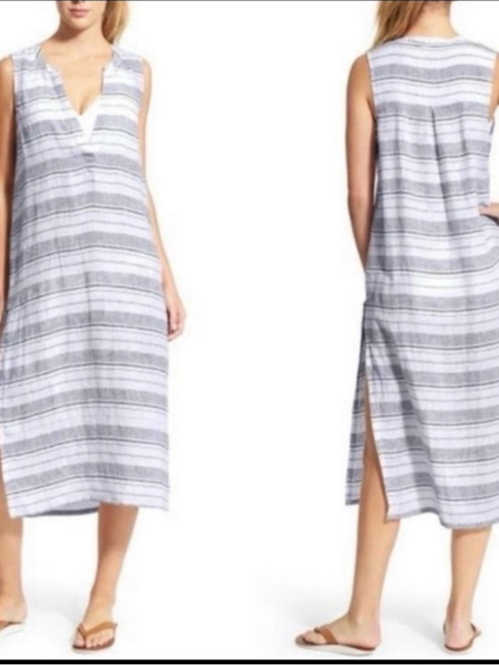 Athleta 100% Linen Striped Sleeveless Dress Side Slits Coastal Beachy Medium